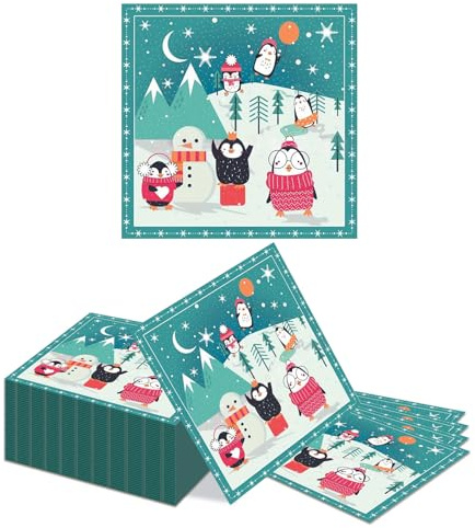 Kotkiddy 40 Weihnachtspinguin Cocktail Servietten 2-lagig Einweg Papierservietten Winter Weihnachten Kindergeburtstag Tischdeko Festliche Deko