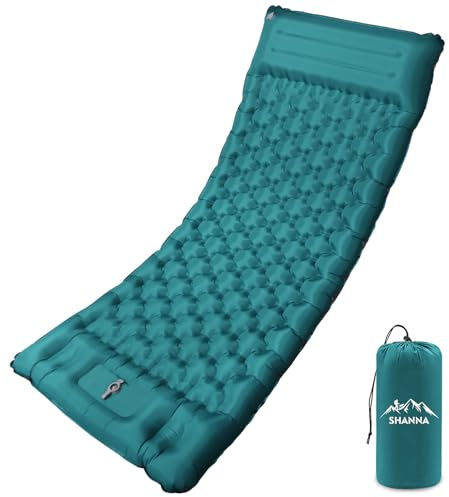 SHANNA Campingsovdyna med kudde: Tjocklek 12 cm bärbar självuppblåsande luftmatta med inbyggd fotpump extra bred 80 cm sömnmadrass med väska lätt att blåsa upp/tömma för tält (påfågelblå-BB)