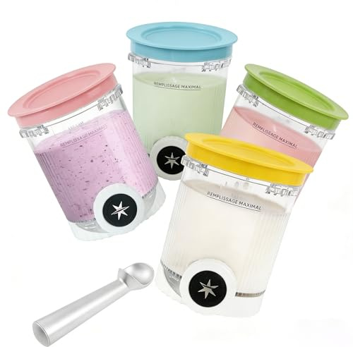 récipients pour pintes Ninja Creami Swirl et couvercle - Compatible avec NC700 NC701 Série Ninja Creami Swirl Pintes - Sans BPA et passe au lave-vaisselle (4Pcs-A avec cuillère)