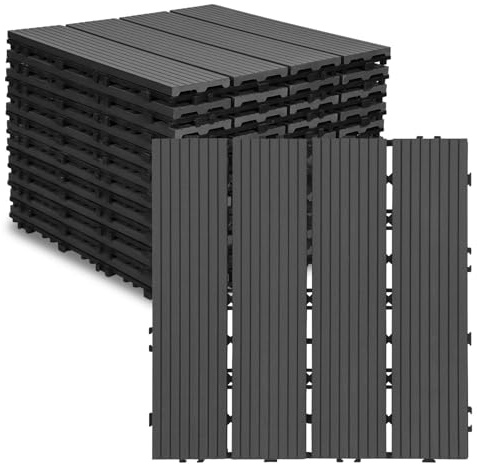 Jaxguom WPC Fliesen 30x30 cm, 11 Stück Klickfliesen Balkon für 1m²,WPC Terrassenfliesen mit Klick-System,Balkon Bodenbelag Wetterfest,Wasserdicht,Terrassenplatten Anthrazit