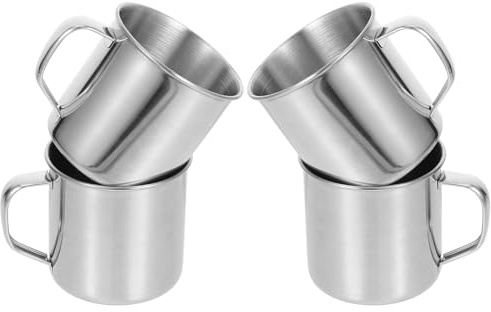 Mikikit 4 Stück Camping Kaffeetasse aus 304 Edelstahl mit Henkel Blechbecher zum Trinken Robuster Trinkbecher für Outdoor als Wanderbecher Beim Camping