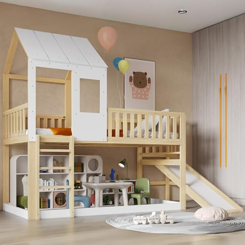 Mrwoo Cabin Bed with Slide, Double Bunk Bed with Canopy and Windows, Kids Single Bed, High Sleeper with Under-Bed Storage Space, Suitable for Boys and Girls, White+Wood, 90x190 cm (No Mattress)