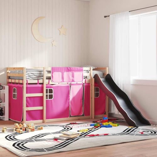 Zeehear Pink Solid Pine Wood Bunk Bed, 90x200 cm, with Fun Slide & Play Curtains, Kids Double Sleeper Frame, Anthracite Slide, No Mattress Included, Durable Children's Room Furniture