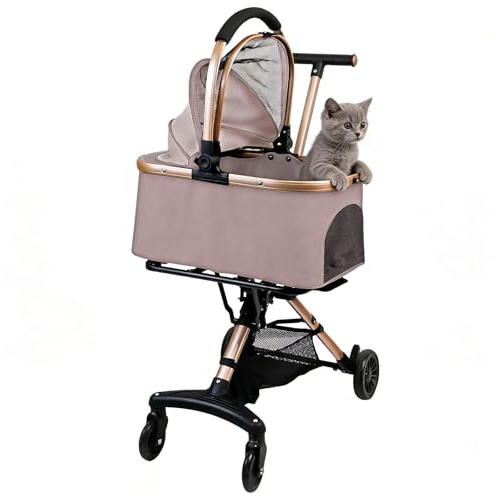 Passeggino pieghevole per cane e gatto con navicella rimovibile, 4 ruote girevoli a 360°, cestino portaoggetti, tessuto Oxford 300D, telaio in acciaio, 33 x 52 x 92 cm, carico massimo 15 kg (rosa)
