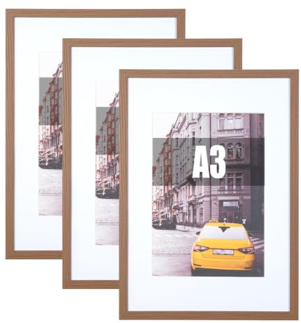 kennethan Bilderrahmen A3 Eichenholz Holz Fotorahmen 3er Set MDF mit Acrylglas zum aufhängen Benutzt für Wohnzimmer, Schlafzimmer, Arbeitszimmer, für Fotos, Kunstwerke und Poster