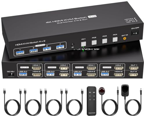 VPFET Switch KVM HDMI a 4 porte per 4 PC e 2 monitor, 4 K/60 Hz, simulazione EDID per 4 computer, condivide 2 monitor e 4 porte USB 3.0, include adattatore DC12 V e 4 cavi USB 3.0