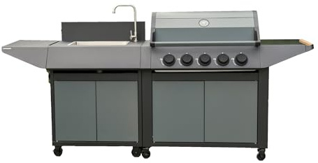 Cocina de Exterior BURN 80 PREMIUM con Barbacoa de Gas de 5 Quemadores y Fregadero, Plancha y Parrilla, 14 kW, 222 x 60 x 116 cm