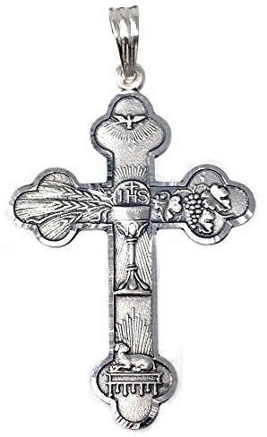 Cruz plata Ley 925m Cinco Misterios Espíritu Santo Cuerpo Sangre Cristo Cáliz Cordero Inmolado 48 mm