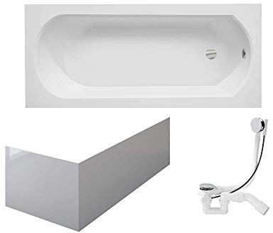 Badkar 150x75 cm akryl SET förkläde sifonbadkar rektangel vit design modern avloppsarmatur i krom Simplex