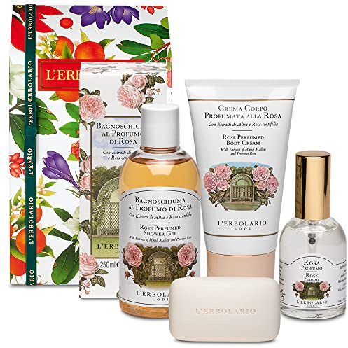 L' Erbolario - ROSA - Confezione regalo in scatola originale (bagnoschiuma 250 ml, crema corpo 150 ml, profumo 50 ml, sapone 100 gr)