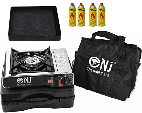 NJ-500 Portable Camping Gas Stove Single Burner Stainless Steel Outdoor Butane GRILL Plate Canisters (Stove + GRILL + 4 Canisters)