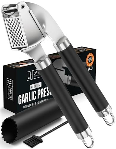 ORBLUE Knoblauchpresse aus Edelstahl – Premium-Knoblauchwolf, Zerkleinerer und Schäler-Set – leicht zu reinigen, spülmaschinenfest und rostfrei, Schwarz