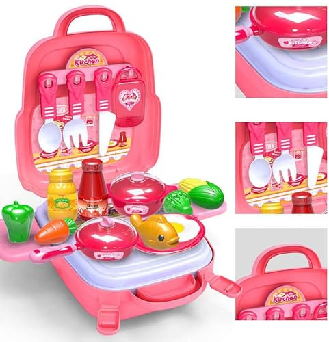 TLHWIN Pretend Plastic Kitchen Cookware Play Toy Set Portable Backpack Set for Kids Pretend Food Cutting Toy Fruits and Vegetables Play Kitchen Accessories Play Set For Boys Girls Gift