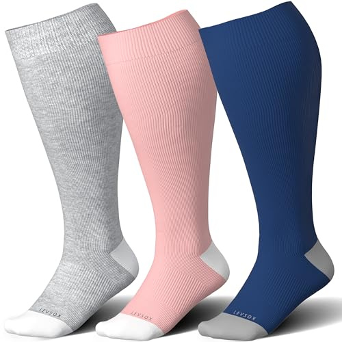 LEVSOX Bambu plus size kompressionsstrumpor för kvinnor män bred vad 15-20 mmHg knähöga för graviditet, sjuksköterska, resor, 3 par-rosa/marinblå/grå, X-Large