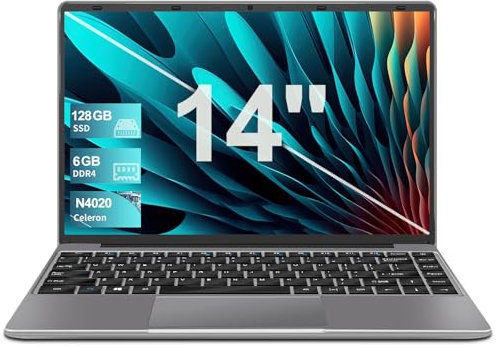 Laptop Win 11 con 5G WiFi, Laptops 14 Inch 6GB RAM 128GB SSD Erweiterung 1TB, BT 4.2 3.0 Übertragung Anschluss 1920*1080 FHD, Notebook With Mini Multimedia Anschluss & Deutscher Keyboardfilm-Grey
