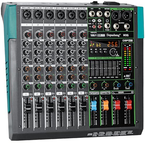 Depusheng MX6 6 Channel Sound Mixer Audio Mixing Console 48V 256DSP Professional USB PC Play Record Podcast Live Broadcast (US MX6)
