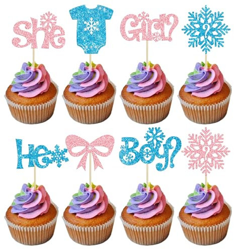 Gyufise 24Pcs Gender Reveal Snowflake Cupcake Toppers Glitter Boy or Girl Cupcake Pick Decorations Snowflake Winter Frozen Baby Shower Birthday Cake Decorations Party Supplies