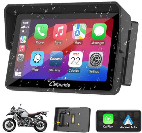 2025 Carpuride W502B Motorrad-Carplay-Bildschirm für BMW R1200GS R1250GS S1000XR Motorrad, 5 Zoll Wasserdichter Touchscreen, Tragbare Carplay/Android Auto,GPS-Navigation, Dual Bluetooth