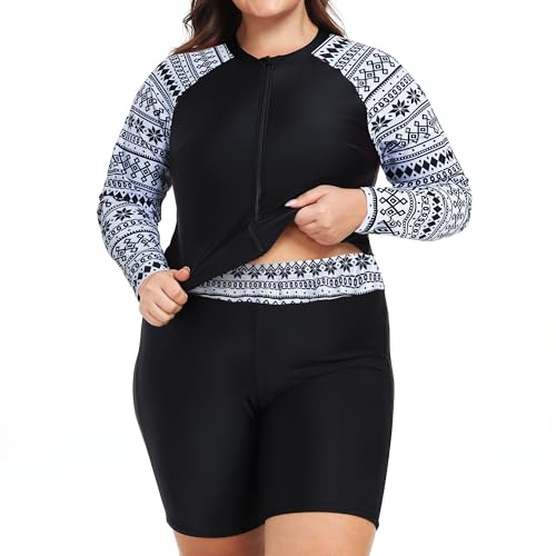 Owntop dam överdimensionerad rash guard | 2-delad UPF 50+ badskjorta | långärmad dragkedja rashguard-tröjor och pojkshorts med hög midja | snabbtorkande badkläder | simning surfing, Vit, 3XL plus size