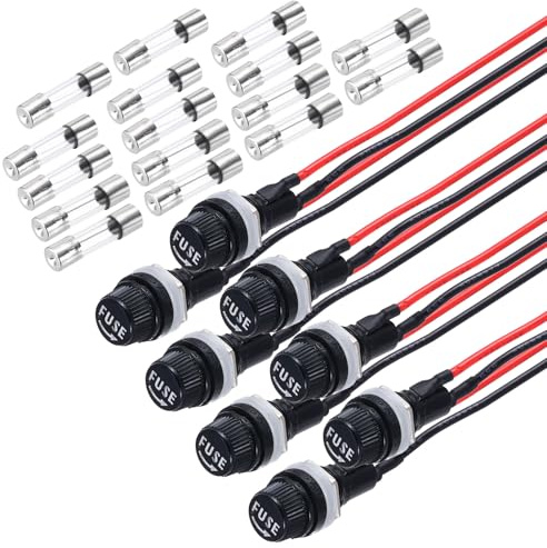 MECCANIXITY 8 Pcs Panel Mount Fuse Holder, 5 x 20mm 10/15A DC 125/250V Ring Terminal Screw Cap Fuse Holders with Pre-Soldered Wires and Glass Tube Fuses