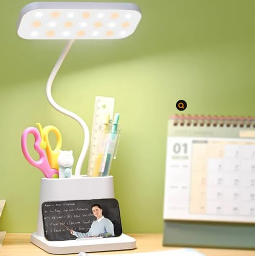 YverLand Lámpara LED de Escritorio con Cuello de Cisne Ajustable – 3 Modos de Luz Regulables – Base con Portalápices y Soporte para Móvil – Recargable con Batería de Larga Duración