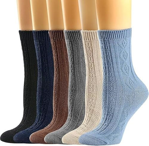 BROPAPA Damstrumpor, lediga stickade bomull bekväma andningsbara coola strumpor för flickor 6-pack, 6 färger (svart, benvit, marinblå, blå, kaffe, mörkgrå), 37-42 EU