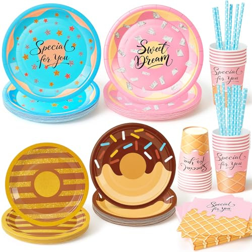 Set Vaisselle Jetable Glaces et Desserts Anniversaire Enfant, Assiettes Plates Serviettes Gobelets Pailles Dessert Décoration Anniversaire Thème Sucré Fille Garçon Multicolore 12 Personnes