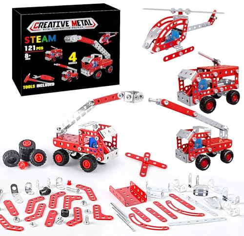 YINcrinx Kit di costruzione in metallo - Autopompa e gru, giocattoli di costruzione in metallo, veicoli da costruzione in lega, regali di compleanno, giocattoli di costruzione educativi
