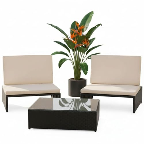 Mucola Gartenmöbel Set Polyrattan 2 Sessel mit Tisch Liegefunktion Schwarz | Verstellbare Rückenlehnen, als Liege 150x75 cm nutzbar, 5 cm starke Polster, stabiles Metallgestell, wetterfest, Wintergarten