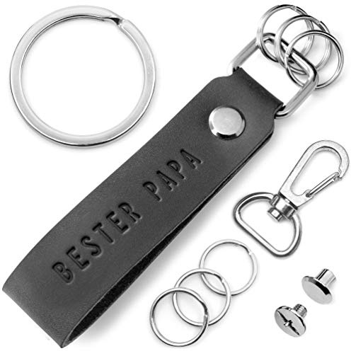 FABACH Leder Schlüsselanhänger mit wechselbarem Schlüsselring in Geschenkbox - Geschenk Anhänger für Vatertag und Geburtstag mit Bester Papa Gravur - Schlüsselband schwarzes Leder