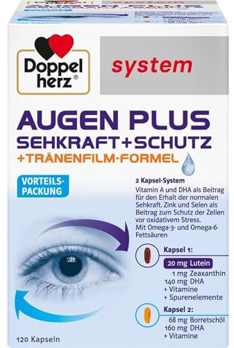 Doppelherz system AUGEN PLUS SEHKRAFT + SCHUTZ – Mit Vitamin A und der Omega-3 Fettsäure DHA als Beitrag für den Erhalt der normalen Sehkraft – 120 Kapseln