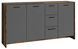byLIVING Kommode Ben/Sideboard mit 3 Türen und 3 Schubkasten/Schuhschrank in Old Wood-Optik mit Fronten in anthrazit/Schrank in Altholz-Optik/Griffe schwarz/B 153, H 83, T 35 cm