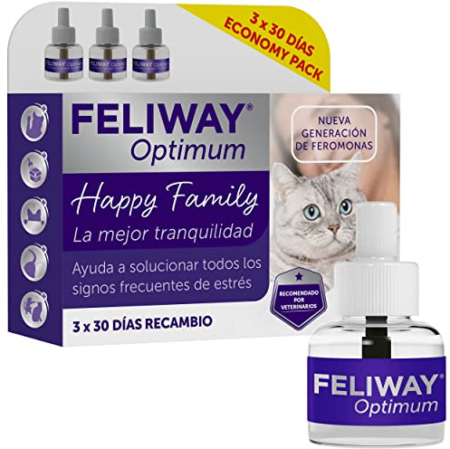 FELIWAY Optimum 3x30 Giorni di Ricariche Calmanti per Diffusore di Feromoni, Confezione da 3x48 ml – Aiuta a Risolvere Tutti i segni Comuni di Stress nei Gatti e Gattini, Raccomandato dai Veterinari
