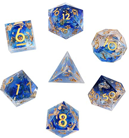 DollaTek Exklusiv harts transparent Dnd tärningsset polyhedral tärning rpg tärning dados rol D4 D6 D8 D10 D12 D20 tärningsset – klarblå