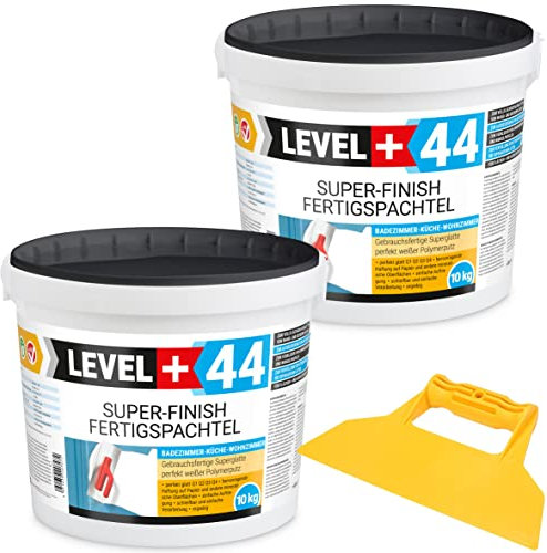 Super Finish Fertigspachtel Q1-Q4 Spachtelmasse 10kg+10kg Perfekt Glatt Weiß Innenbereich + Kunststoffspachtel ohne Zahnung Set RM44