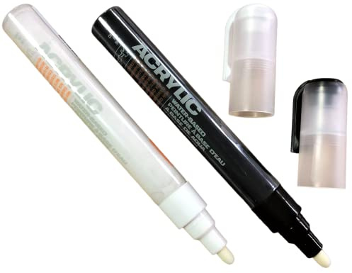 KLAMOTTEN STORE Acrylic Marker schwarz + weiss mit 2mm Spitze, 2 wasserfeste Montana Acryl Marker Stifte auf wasserbasis mit Pumpsystem