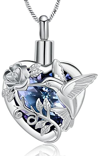 Yinplsmemory Hummingbird Cremation Jewelry Crystal Heart Urn Ashes Necklace for Women Men Memorial Keepsake Necklace of Loved One