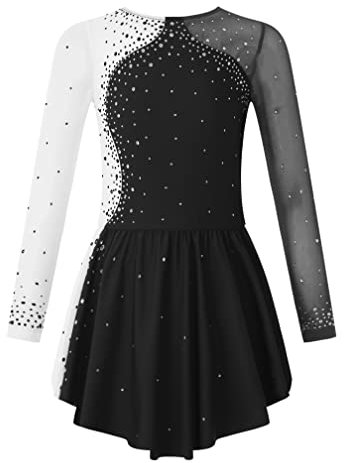 MSemis Kinder Mädchen Eiskunstlauf-Kleid Langarm Ballettkleid Ballett Trikot Gymnastikanzug mit Glitzer Strass Turnbody Wettbewerb Kostüm Gr. 104-164 F Schwarz 116