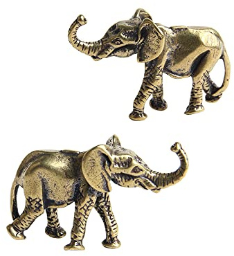 Opexicos 2 figuras de elefante en miniatura de bronce antiguo para decoración de mesa de té, mascotas, decoración de animales de cobre sólido, decoración del hogar, sala de estar