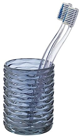 WENKO Bicchiere portaspazzolino vetro rotondo, porta spazzolino da denti e dentifricio in vetro con motivo in rilievo, Ø 7,5 x 10 cm, blu scuro