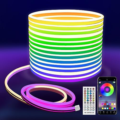 MMEEVT 10m neon led Strip，APP Control, with Remote Control, IP67 Waterproof Flexible LED Strip, 24V RGB LED Band neon Rope Light, Applicable to Bedroom, Room and Outdoor Decoration