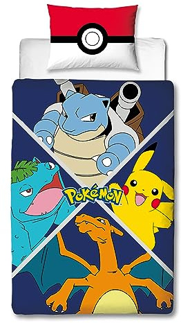 Character World Pokémon Parure de lit Simple avec Housse de Couette réversible 2 Faces Motif Personnages Pikachu avec taie d'oreiller Assortie | Parfait pour Chambre d'enfant | Polycoton