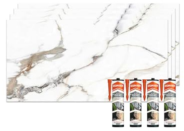 Izodekor Revêtement mural effet marbre – 4 panneaux avec 4 adhésifs de montage – Alternative au carrelage, panneau de douche, panneau mural de cuisine | Garden of Eden