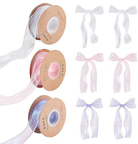 FINGERINSPIRE 27 m Nylon Organzaband 4 cm Flaches Regenbogenfarbenes Chiffonband Mit Draht 3 Rollen Schimmerndes Transparentes Organzaband Schillerndes Band Für Hochzeitskleidung Schleife