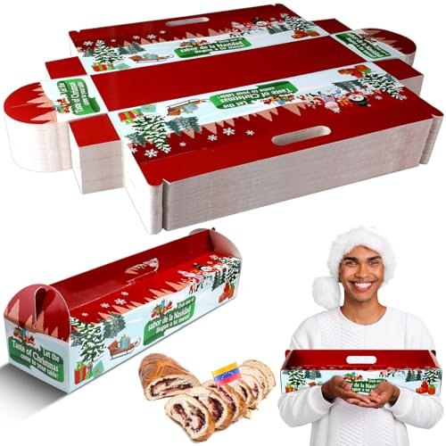 Cholemy 100 Pcs Christmas Ham Bread Box Container 18 x 4.75 x 3 Paperboard Baking Bread Bags Non Window Bakery Baguette Bag for Holiday Packaging Gift Giving with Handle