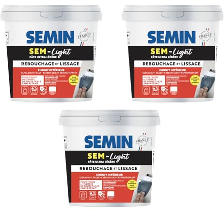 SEMIN SEM-LIGHT Enduit Léger de Rebouchage et Lissage – 3X 5 L – Sans Retrait, Séchage Rapide – Réparation Trous et Fissures – Intérieur Murs et Plafonds – Blanc Mat Prêt à l'Emploi