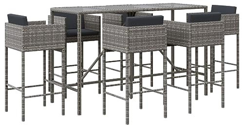vidaXL Gartenbar Set 7-TLG., Gartenmöbel Bartisch 6 Barstühle, Stehtisch Barhocker für Garten Terrasse, Sitzgruppe Gartenset mit Kissen, Grau Poly Rattan
