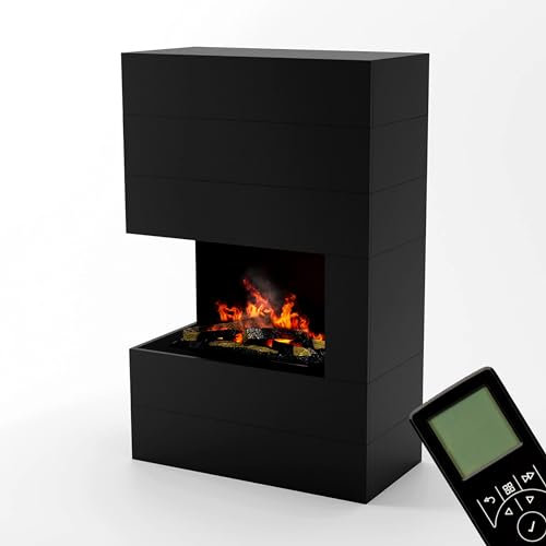 GLOW FIRE Wasserdampf Kamin TUCHOLSKY Links (Standkamin) - Elektrokamin mit realistischen LED 3D-Flammen, Knistereffekt & Fernbedienung, 90x140 cm - Opti-Myst 600 Elektro Kamin mit Holz-Deko, Schwarz