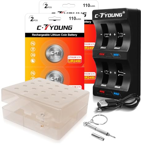 LIR2450 Lithium-Ionen-Batterien 4 Stück 3.7V wiederaufladbar | mit Münzzelle-Ladegerät, ersetzt cr2450 3v, mit verschließbarer Aufbewahrungsbox, für mehr Sicherheit