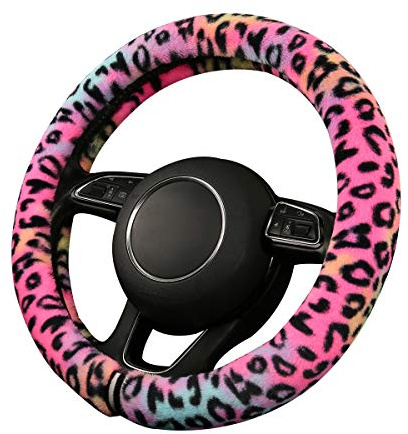 Lenkradbezug Plüsch Leoparden,Lenkrad Abdeckung,Gestickt Niedlich,Schweißabsorber,37-38cm (Plush-Leo)